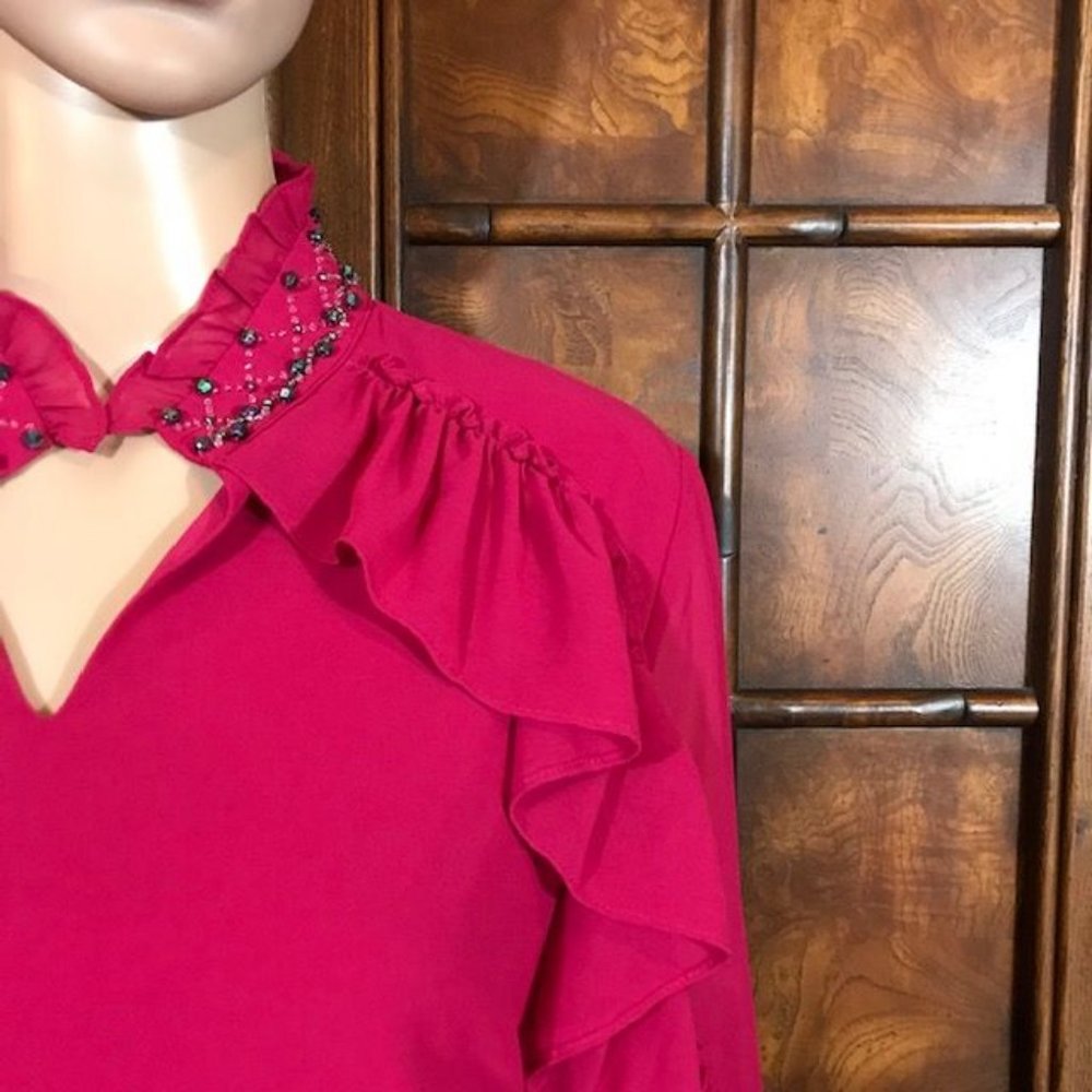 Magenta Ruffle Beaded Collar Poet Sleeve Chiffon … - image 7
